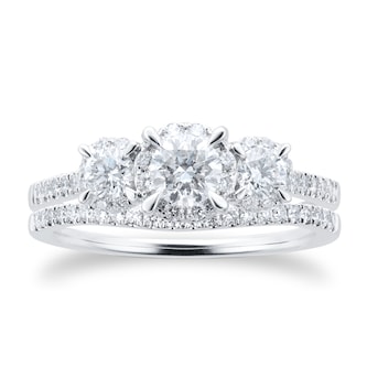 Goldsmiths 18ct White Gold Three Stone Halo Diamond Bridal Set Ring