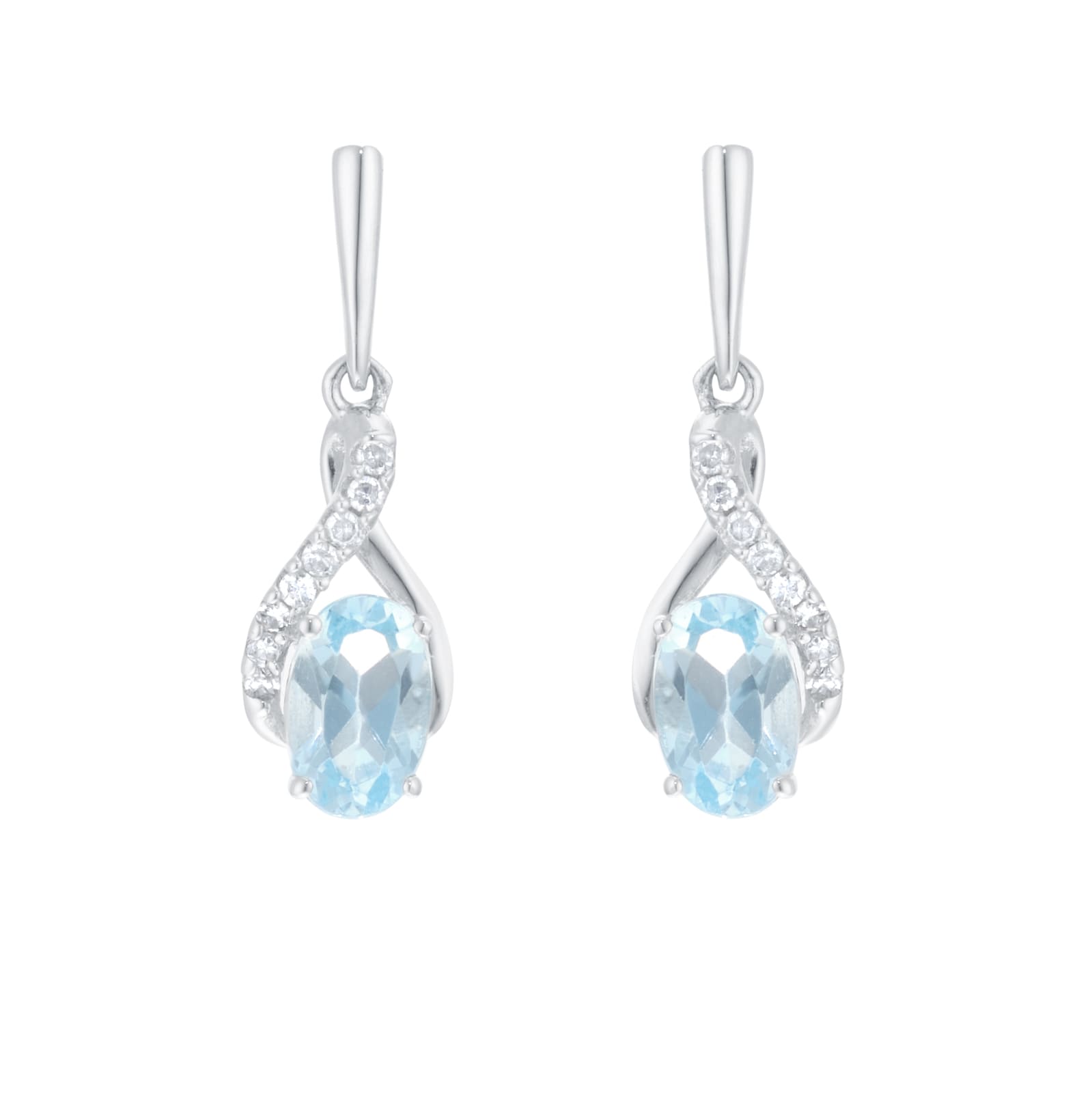 Goldsmiths 9ct White Gold Oval Cut Blue Topaz and Diamond Drop Earrings