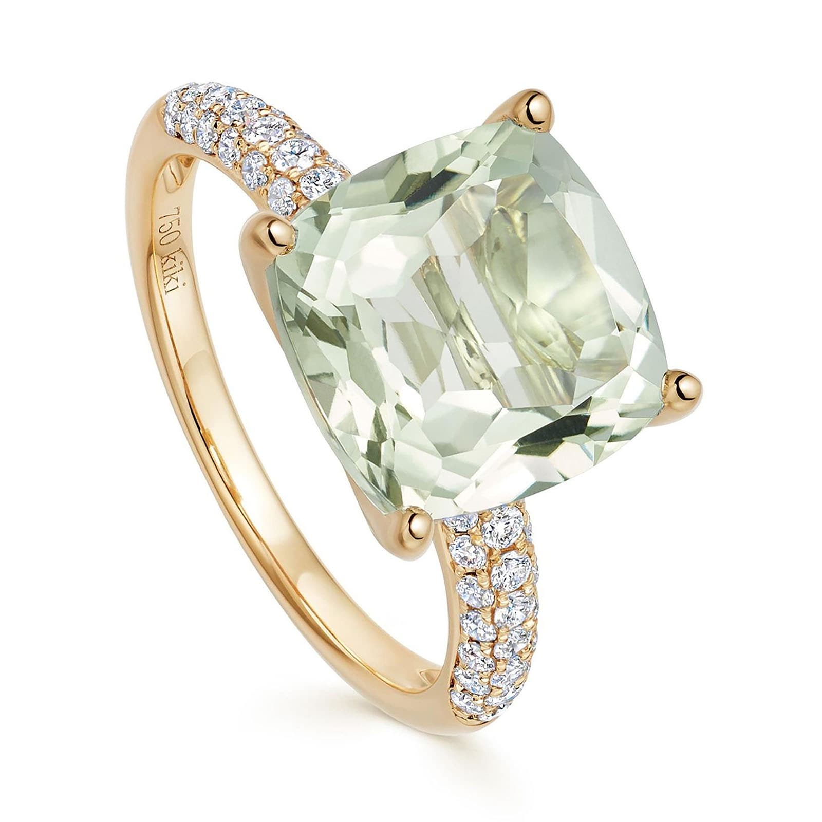 Kiki Cushion 18ct Yellow Gold Tapered 0.35cttw Diamond Shoulders & Green Amethyst Ring image