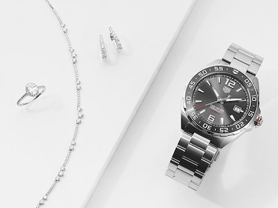 TAG Heuer watch with grey dial with diamond necklace, earrings and ring image